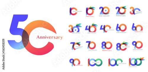 Set of colorful 10 to 100th Anniversary logotype design