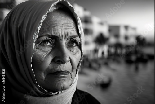 Serious Old Arab muslim woman wearing a hijab posing in a northern african city. Generative ai photo