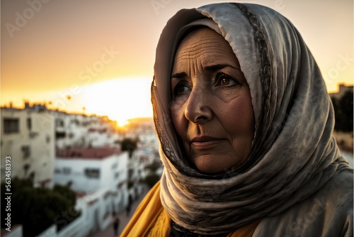 Serious Old Arab muslim woman wearing a hijab posing in a northern african city. Generative ai