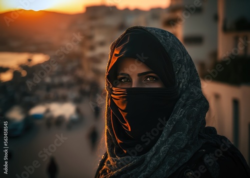 Arab woman wearing a niqab veil in a city near a coast at sunset. Generative AI