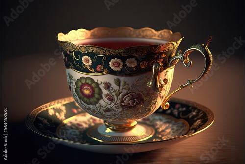 Classic and Traditional Cup of Tea, With delicious leafs from tea and other herbs, special for ceremonial and ritual tea time, breakfast, and other familiar instances or meetings, Generative AI photo
