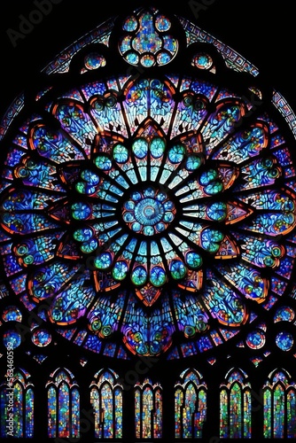 Full Color Classic Stained Glass Illustration from Middle Age, With Beautiful Crystals and Glass, with sacred historic and religious art, generative ai