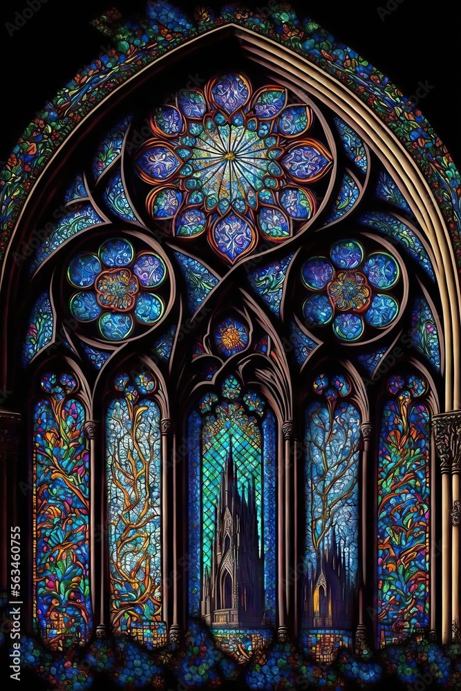 Full Color Classic Stained Glass Illustration from Middle Age, With Beautiful Crystals and Glass, with sacred historic and religious art, generative ai