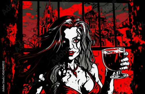 Dracula's bride ready to dance while holding a glass of fresh blood.