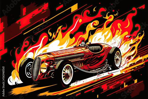 Illustration of classic sport race car on fire, with full color design, huge muscle motor, reflecting high horsepower and full speed in a dynamic and energetic picture. Generative AI