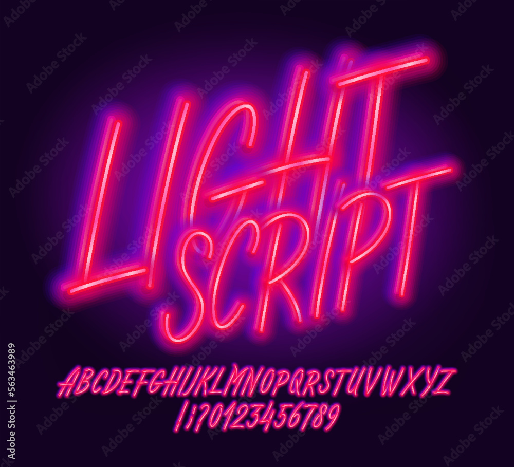 Light Script alphabet font. Glowing neon letters and numbers. Stock vector typeface for your design.
