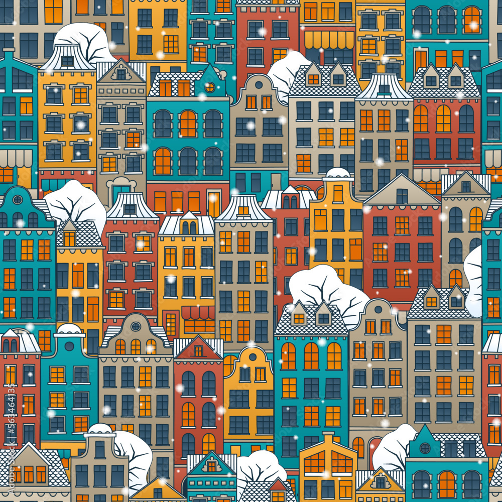 Winter seamless background with a old town. Hand drawn colorful houses with falling snow. Winter holidays vector background.