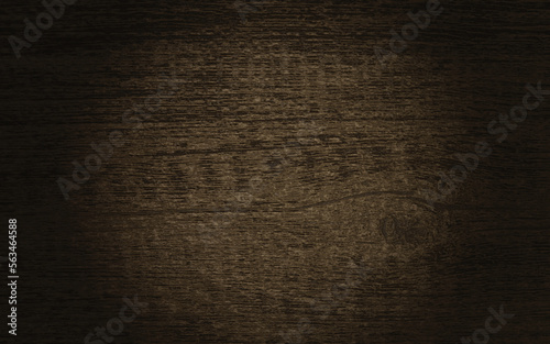 3D render of dark brown wooden plank texture with spot light on center, top view, copy space