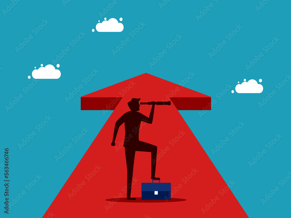 Businessman looking through binoculars on the arrow. Vision and future business goals. business concept vector illustration
