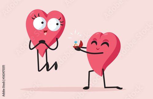 Romantic Heart Asking Partner to Marry Vector Cartoon Illustration. Proposal Valentine’s day card design with anthropomorphic characters 
