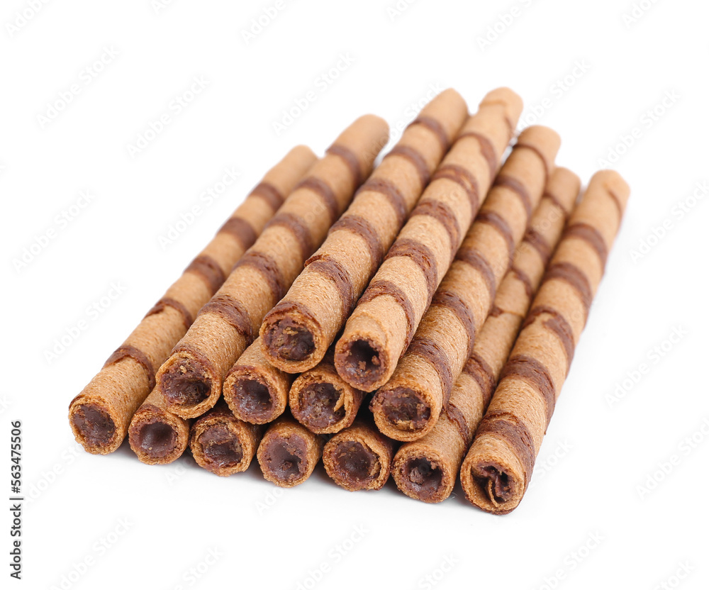 Heap of tasty wafer rolls isolated on white background Heap of tasty wafer rolls isolated on white background