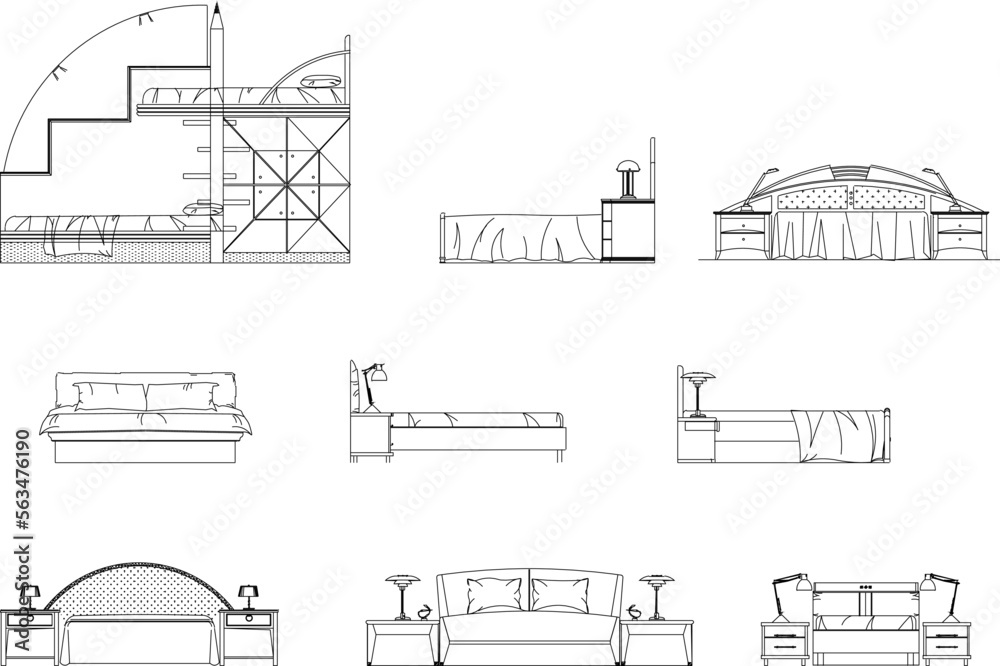 set of drawings sketch vector illustration of minimalist classic bed interior