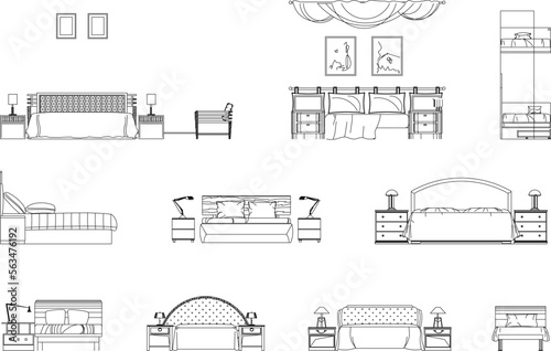 set of icons sketch vector illustration of minimalist classic bed interior