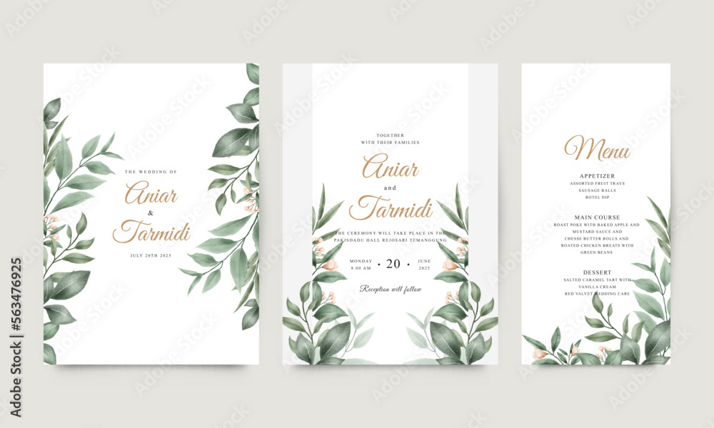 Elegant wedding invitation with watercolor green leaves and flowers