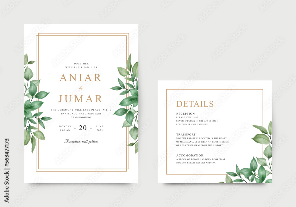 Wedding invitation card with watercolor green leaves