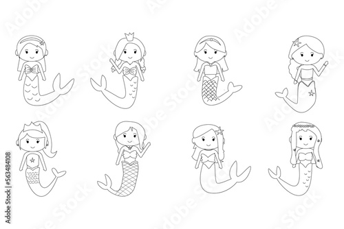 cute line doodle princess mermaid character clipart set for coloring