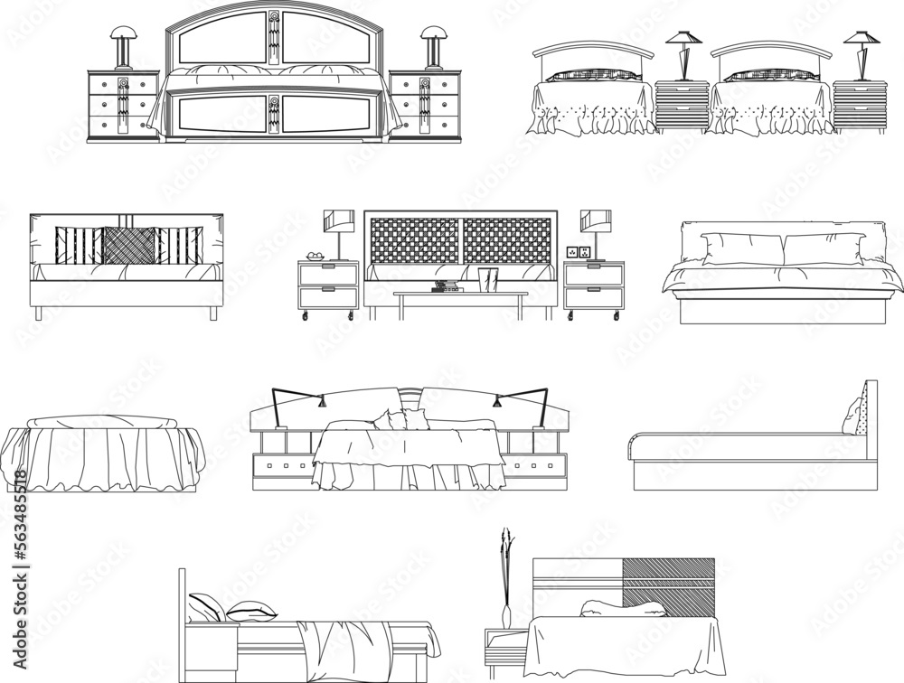 set of sketch vector illustration of minimalist classic bed interior