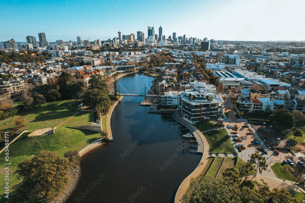 Fototapeta premium Aerial view of Perth cityscape looking over Claisebrook Cove in East Perth