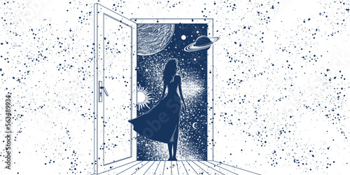 Mystical background with a woman for astrology, the girl stands with her back at the open door to space. Magic illustration with planets, concept of surrealism and psychedelics. Vector banner.
