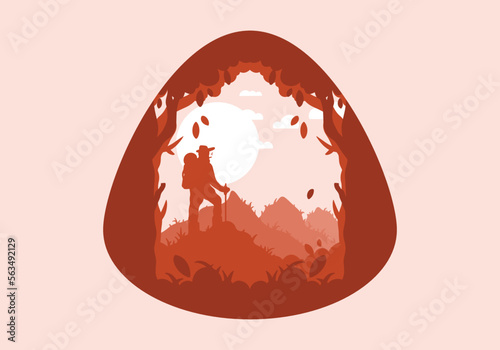 silhouette flat illustration of a mountain climber standing on top of a hill