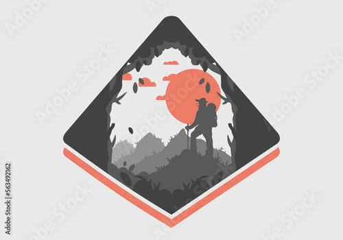 silhouette flat illustration of a mountain climber standing on top of a hill