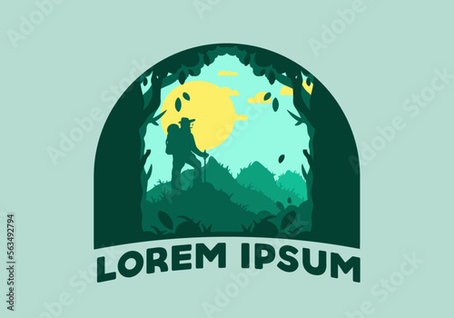 silhouette flat illustration of a mountain climber standing on top of a hill