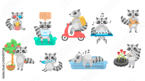 Fototapeta Naklejka Na Ścianę i Meble -  Big Set Abstract Collection Flat Cartoon Different Animal Raccoons Vector Design Style Elements Fauna Wildlife