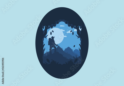 silhouette flat illustration of a mountain climber standing on top of a hill