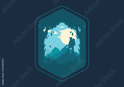 silhouette flat illustration of a mountain climber standing on top of a hill