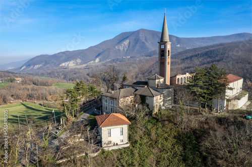 Drone view of Our Lady of Lourdes Grotto - Sperongia Parish - Morfasso, Piacenza, Emilia Romagna, Italy photo