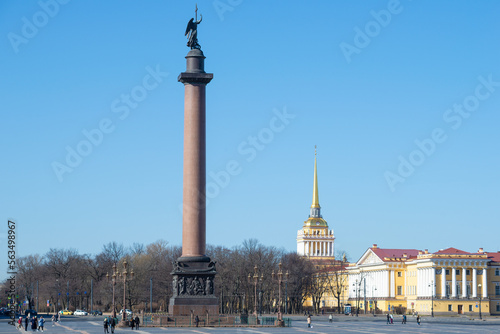 Alexander Column and Admiralty building on a sunny April day. Palace Square. Saint Petersburg