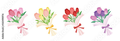 Color variations of tulip and baby's breath bouquets.