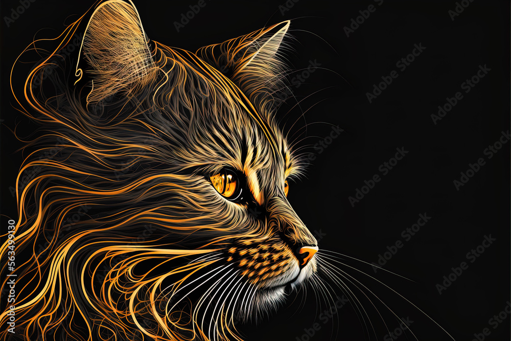Golden Brown Beauty: Highly Detailed Cat Portrait on Black Background - Illustration