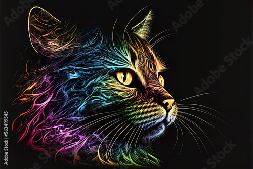 Colorful Whiskers: Abstract Cat Portrait with Waves of Color - Illustration