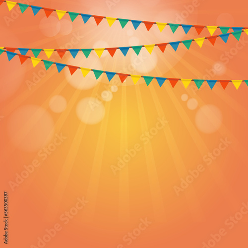 Vector holiday illustration. on yellow and orange and sunburst background with bunting flags. Colorful Party Flags With Confetti Falling Background. Celebration Event Birthday. Vector illustration