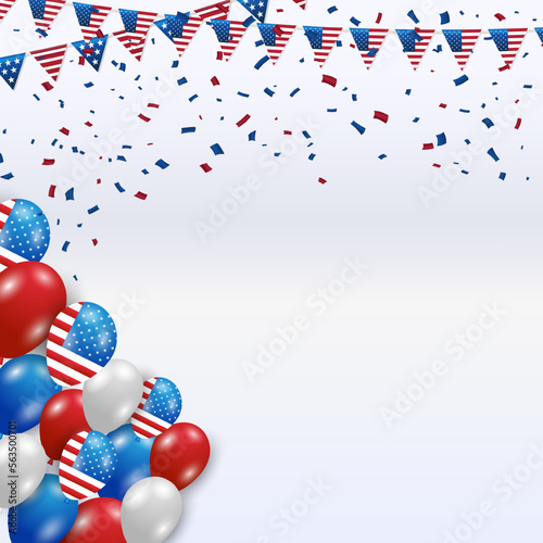 Decorative party flags with Confetti Falling. Vector flag garland for usa independence day. Party Background with Flags Vector Illustration. EPS10. July 4th theme paper garland on white background