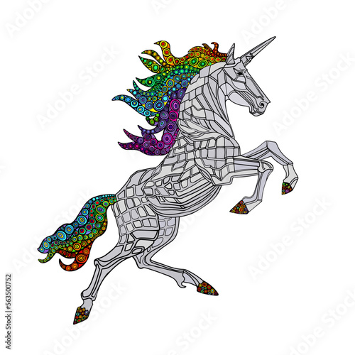 A unicorn with a long mane. Illustration of a galloping magical unicorn. For the design of prints, posters, postcards, logos, icons © Anastasiia