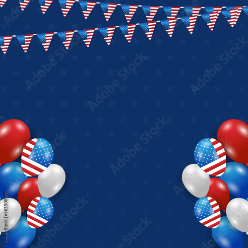 Decorative party flags with Confetti Falling. Vector flag garland for usa independence day. Party Background with Flags Vector Illustration. EPS10. July 4th theme paper garland on blue star background