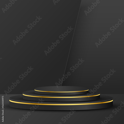 Luxury 3 black and gold round podium black and black stage scene, product abstract background Abstract vector rendering 3d shape for the advertising products display.