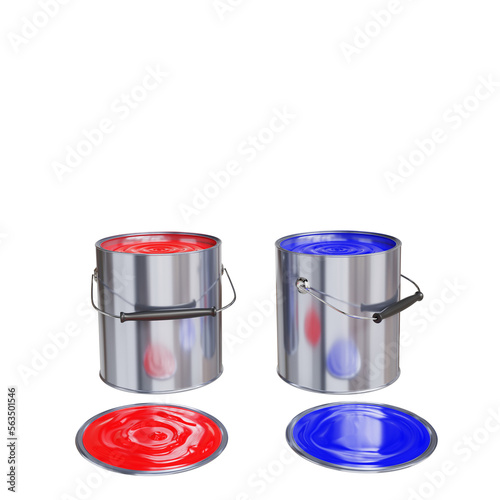 3d illustration paint cans silver metal cans red and blue containers aluminum containers with handles for interior improvements isolated on white background - clipping path