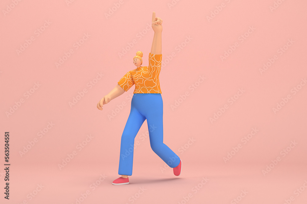 The woman with golden hair tied in a bun wearing blue corduroy pants and Orange T-shirt with white stripes.  She is doing exercise. 3d rendering of cartoon character in acting.