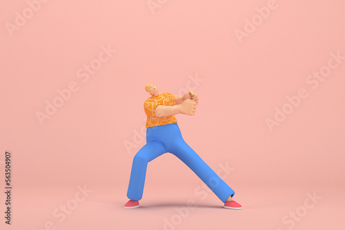 The woman with golden hair tied in a bun wearing blue corduroy pants and Orange T-shirt with white stripes. He is pulling or pushing something. 3d rendering of cartoon character in acting.