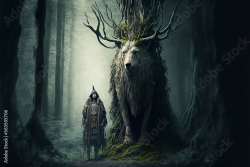 Spooky man with no face next to an ancient forest spirit. Digital art created using generative AI.