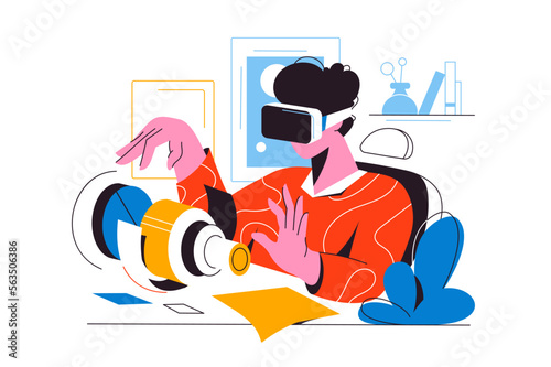 Person with VR headset, technology and objects