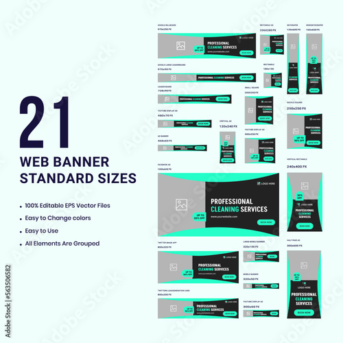 Cleaning services web banner design, web banner set template, home cleaning business marketing social media post banner layout