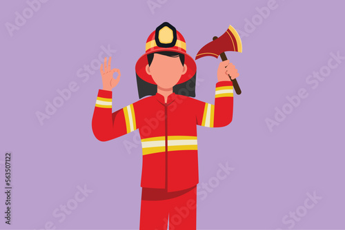 Graphic flat design drawing male firefighters in complete uniform holding glass breaking axe with okay gesture prepare to put out the fire that burned the building. Cartoon style vector illustration