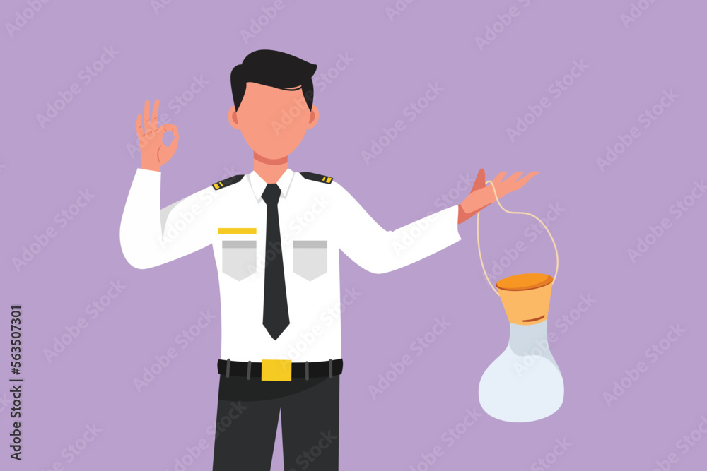 Cartoon flat style drawing of male flight attendant holding air mask with okay gesture demonstrate emergency situation in cabin plane. Serve passengers in airplane. Graphic design vector illustration