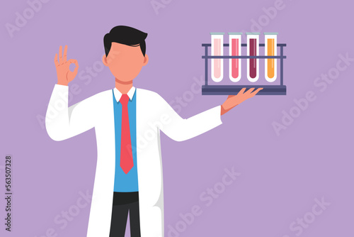 Graphic flat design drawing of smart male scientist holding measuring tube with okay gesture and examining chemical solution to make vaccine due to pandemic outbreak. Cartoon style vector illustration