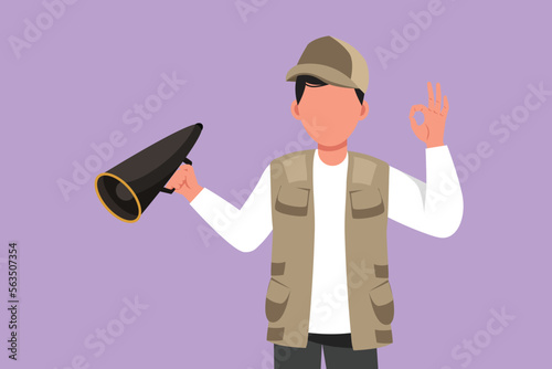 Cartoon flat style drawing active male film director holding megaphone with okay gesture, wearing vest, cap while set the crew for shooting action movie in studio. Graphic design vector illustration