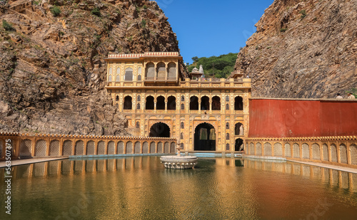 Exterior view of Historic Hindu temple called Galta ji temple is a prehistoric Hindu pilgrimage site located near Jaipur city in India.